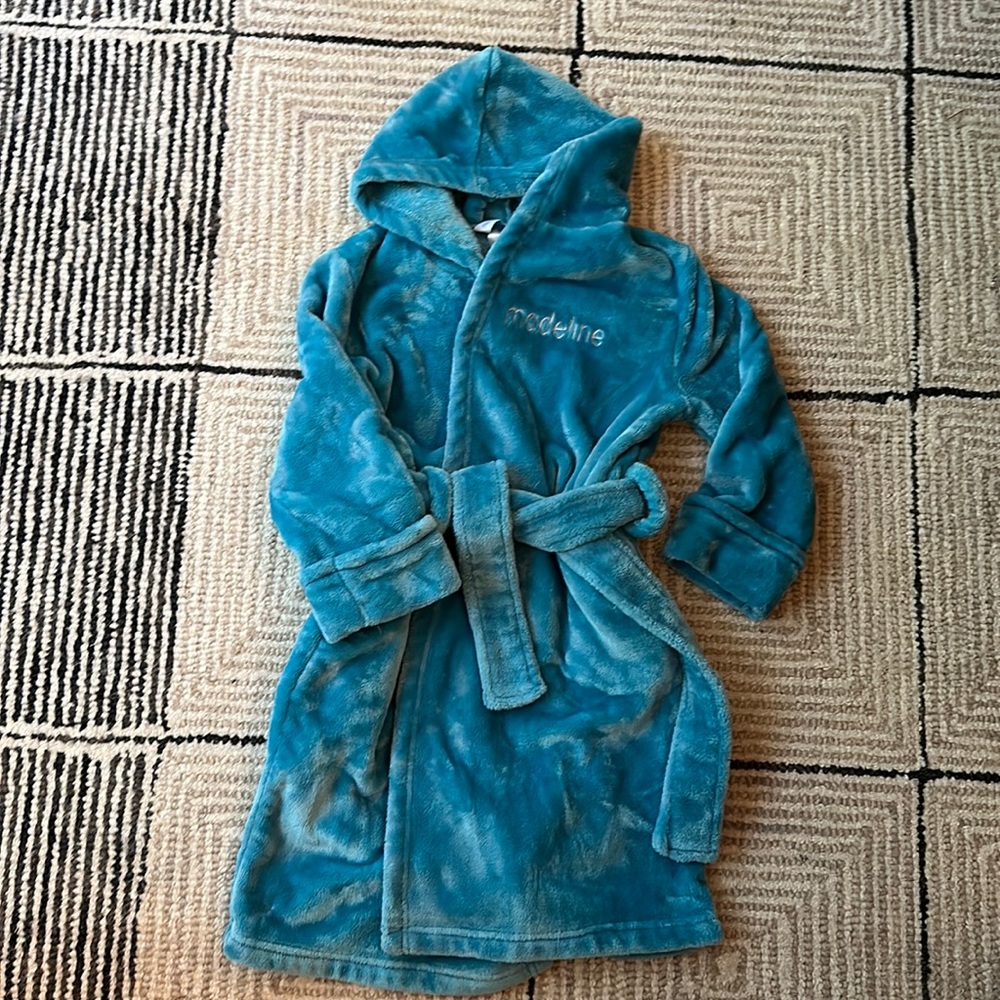 Turquoise plush bath robe with “Madeline” embroidery